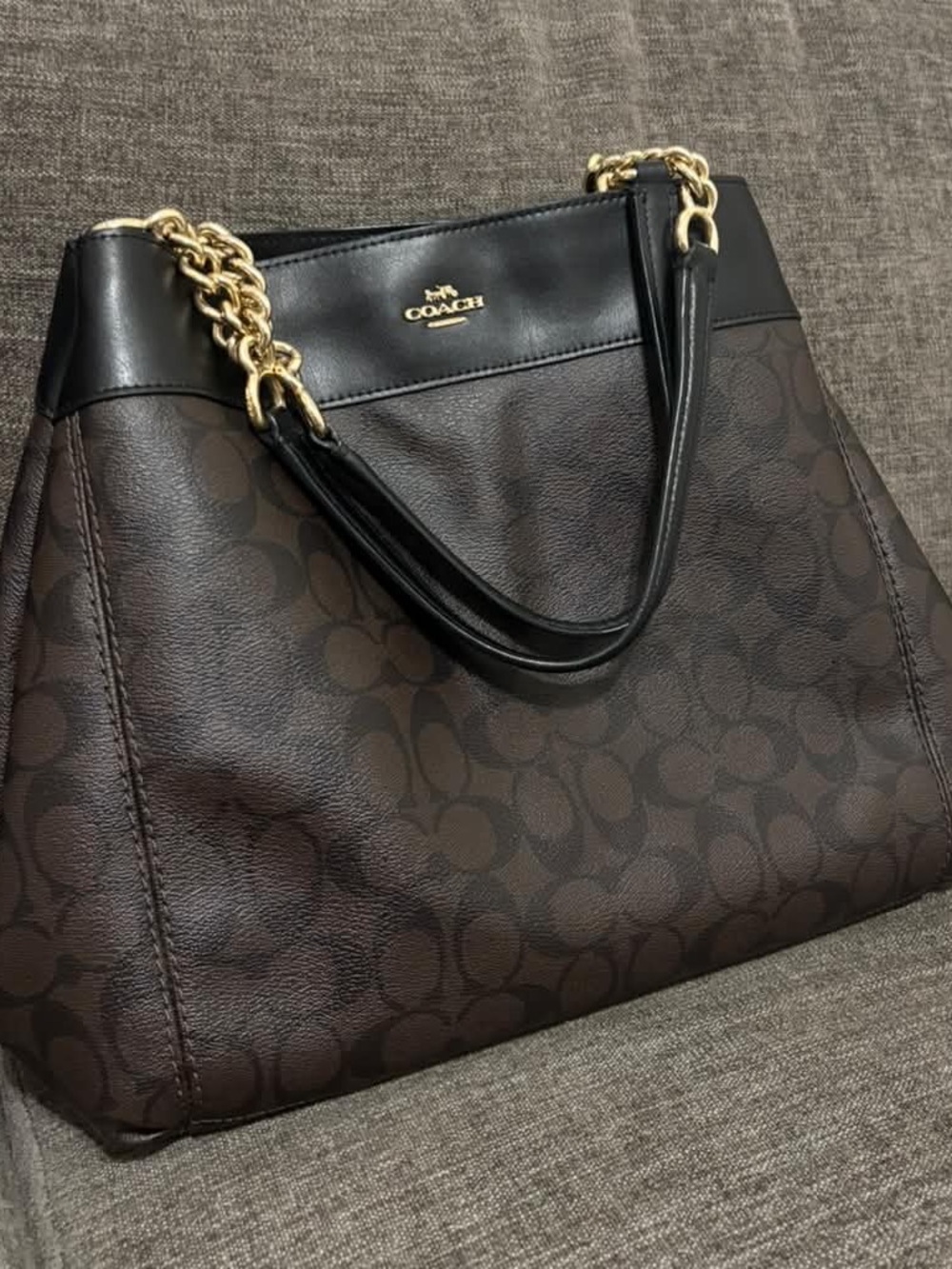 Coach Brown Signature Shoulder Tote with Black Trim and Gold Hardware